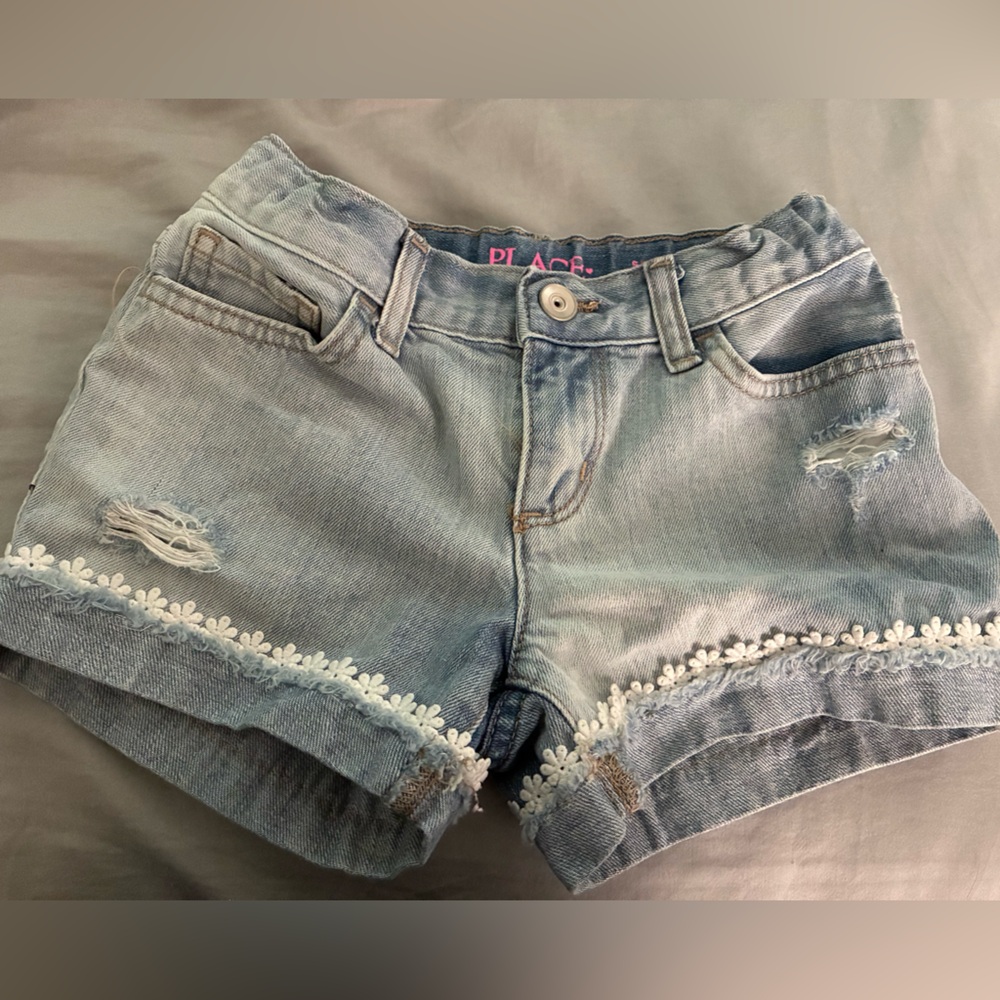 Girls' Light Blue Denim Shorts with White Floral Trim - The Children's Place